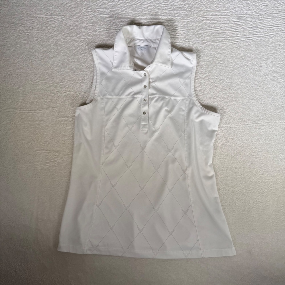 Callaway Womens Sleeveless Golf Polo Shirt White Diamond Pattern Size M Golfcore